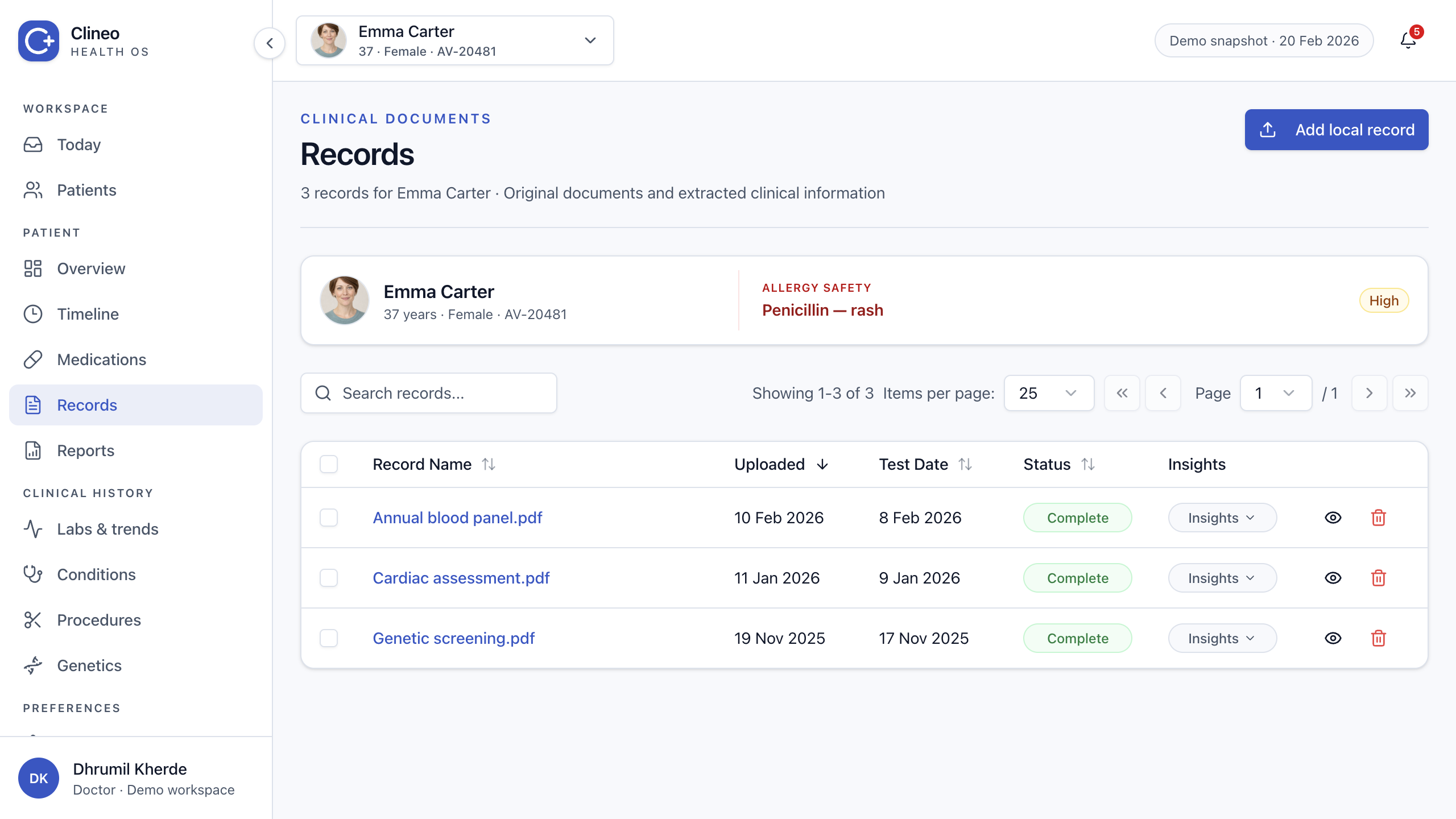 Medical records table with source document and review actions