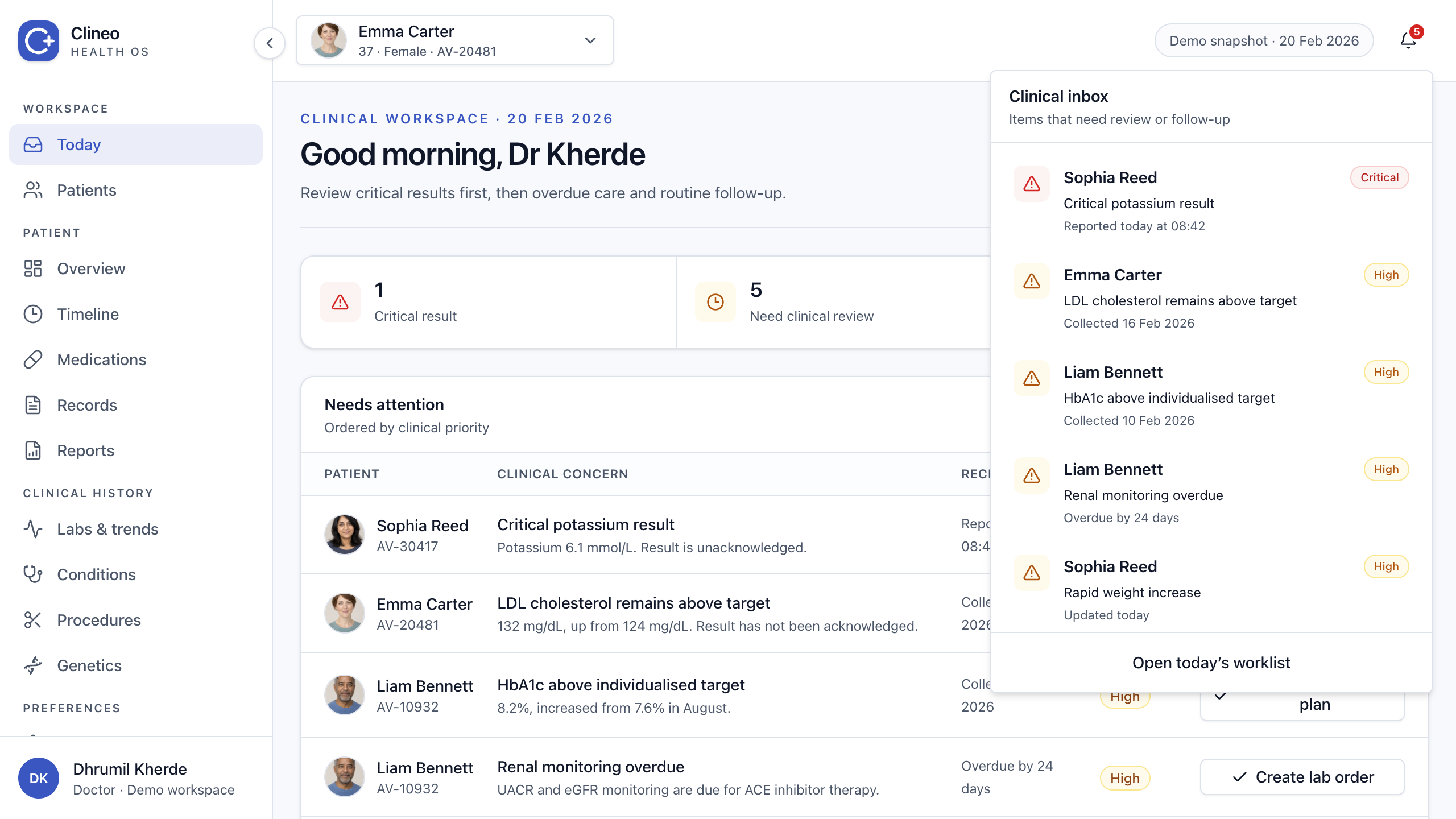 Notification inbox with aligned icons, patient context, priority, and follow-up actions