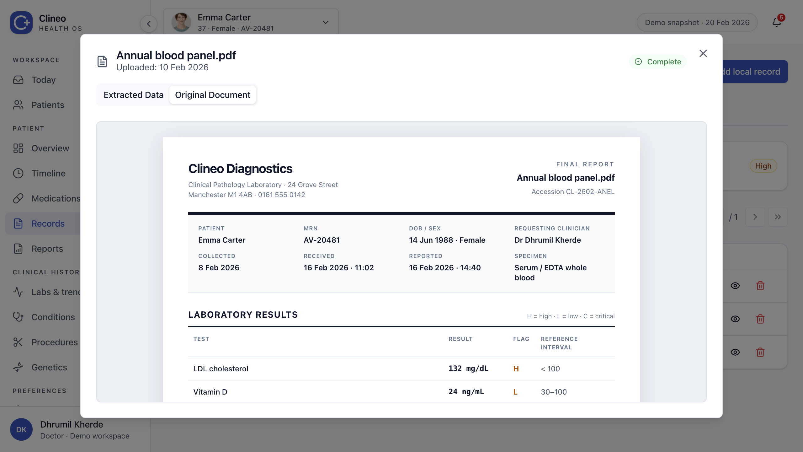 Original medical record viewer with document preview, source metadata, and close control