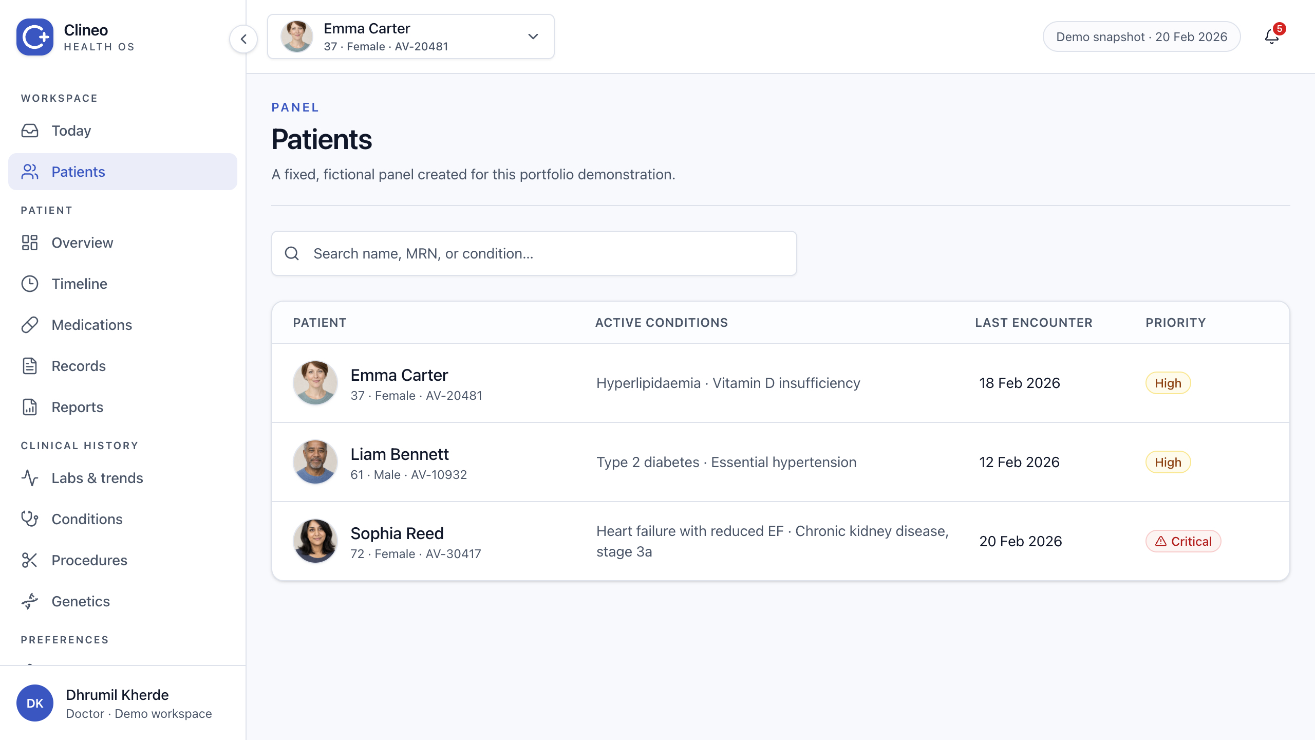 Patient directory with profile images, clinical identifiers, and view actions