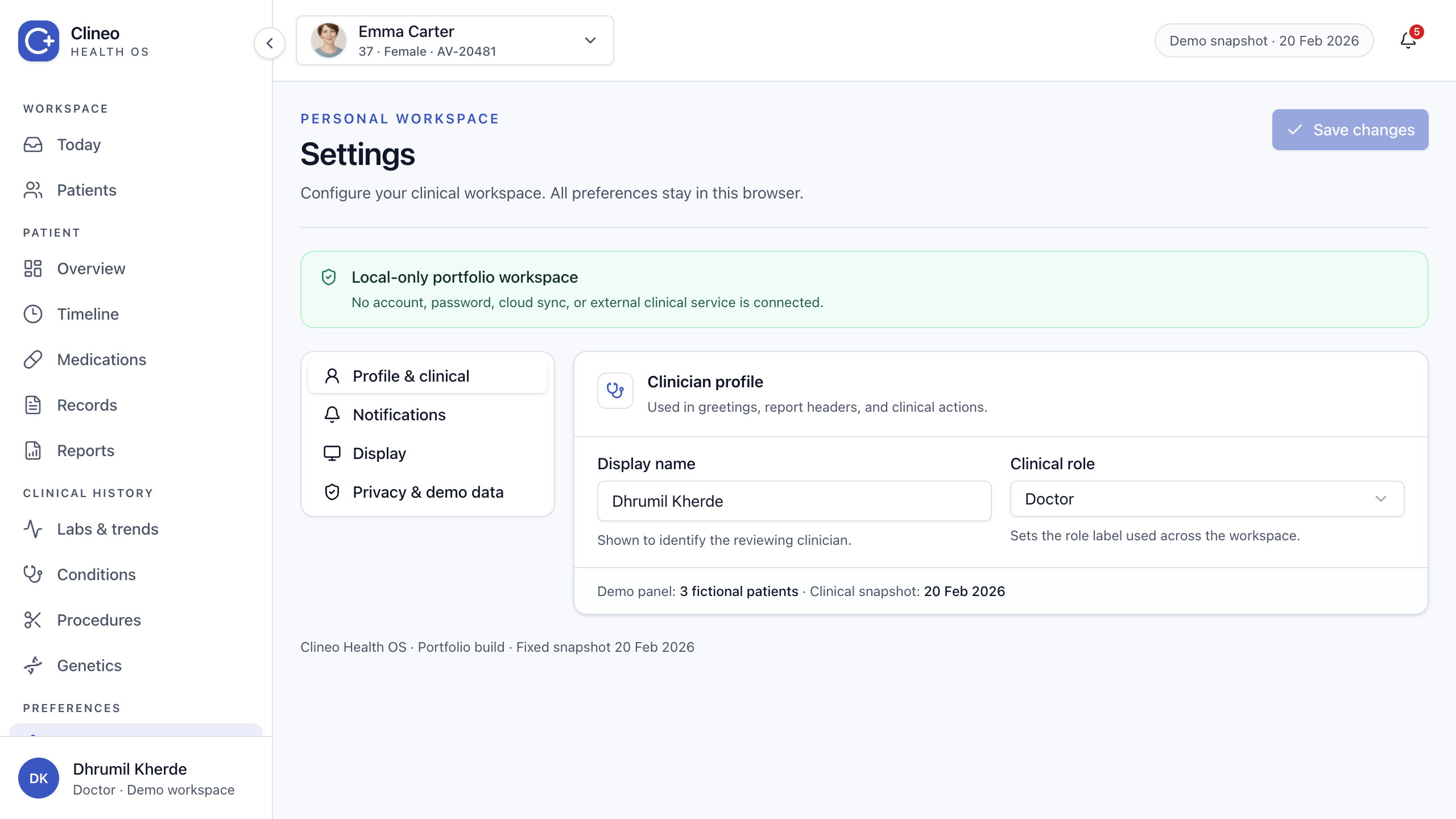 Local-only Settings screen with profile, notification, density, and text controls